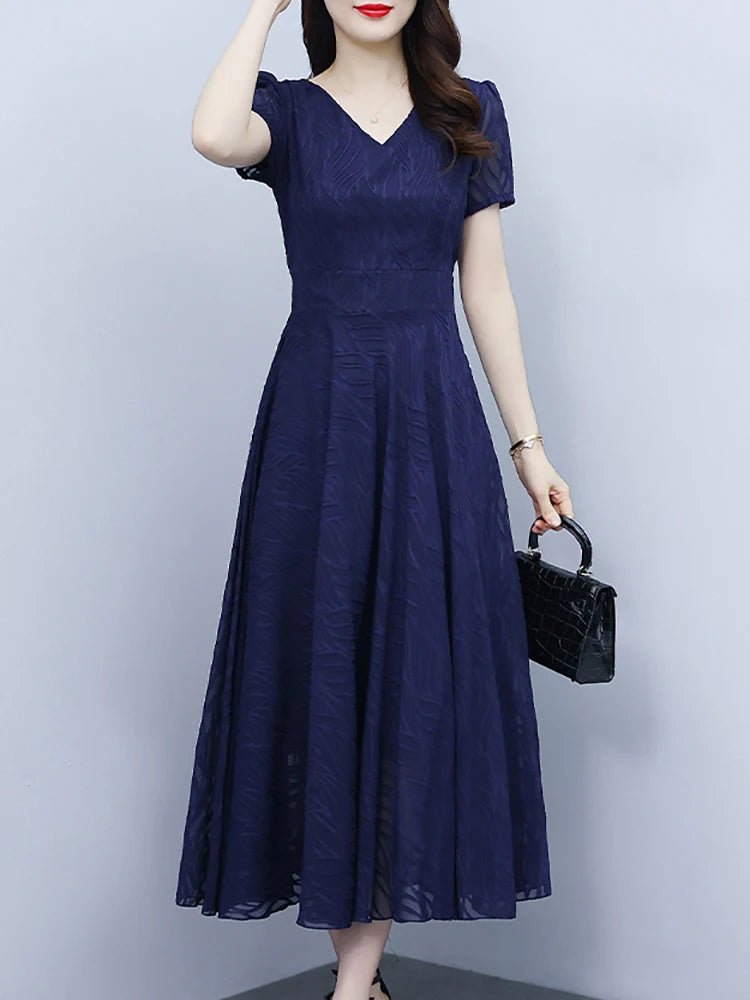 2025 Blue Chiffon Short Sleeve V - Neck Midi Dress Summer Vintage Elegant Chic Prom Dress - PratSN