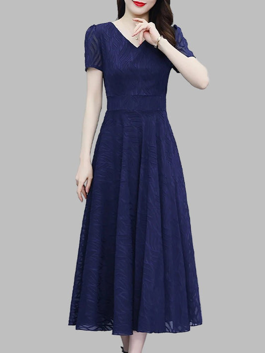 2025 Blue Chiffon Short Sleeve V - Neck Midi Dress Summer Vintage Elegant Chic Prom Dress - PratSN
