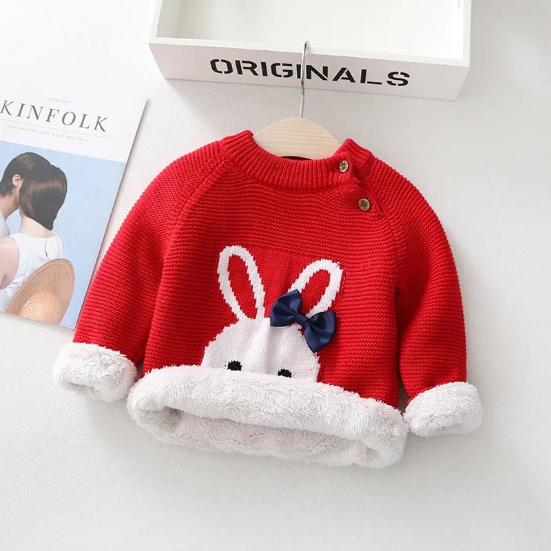 2025 New Baby Girls' Winter Sweater Hand Knitted with Cute Rabbit Pattern Wool and Cotton Fabric Button Closure for Christmas - PratSN
