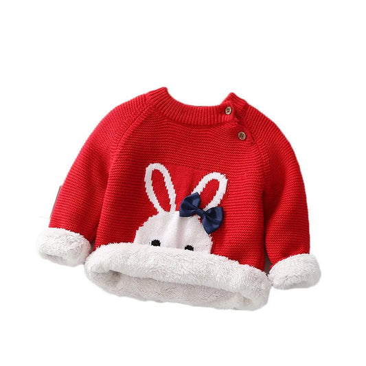 2025 New Baby Girls' Winter Sweater Hand Knitted with Cute Rabbit Pattern Wool and Cotton Fabric Button Closure for Christmas - PratSN