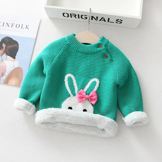 2025 New Baby Girls' Winter Sweater Hand Knitted with Cute Rabbit Pattern Wool and Cotton Fabric Button Closure for Christmas - PratSN