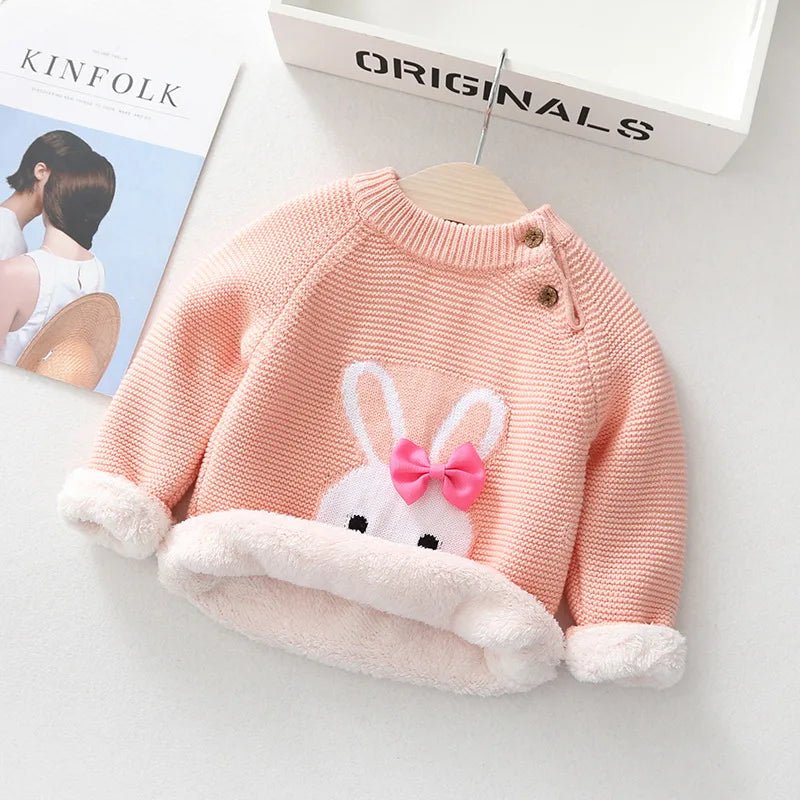 2025 New Baby Girls' Winter Sweater Hand Knitted with Cute Rabbit Pattern Wool and Cotton Fabric Button Closure for Christmas - PratSN