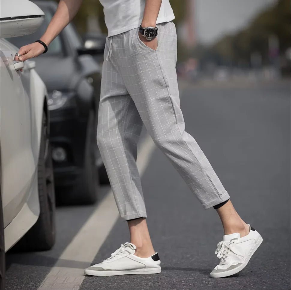 2025 new men's spring and summer slim fit pants straight leg nine inch small leg trousers trendy versatile checkered pants - PratSN