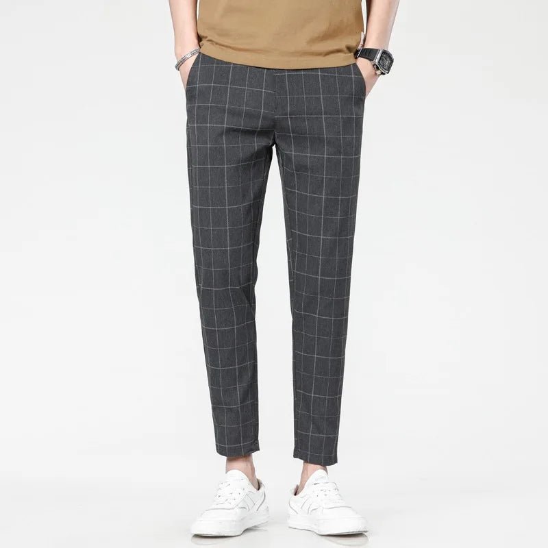 2025 new men's spring and summer slim fit pants straight leg nine inch small leg trousers trendy versatile checkered pants - PratSN