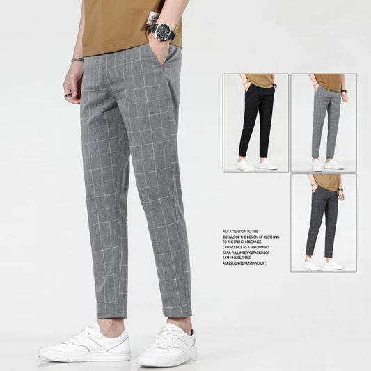 2025 new men's spring and summer slim fit pants straight leg nine inch small leg trousers trendy versatile checkered pants - PratSN