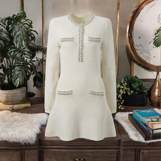2025 Spring French Style Casual Mini Dress for Women O - Neck Long Sleeve with Beads Sequins Solid Color Knit Slim Fitted A - Line - PratSN