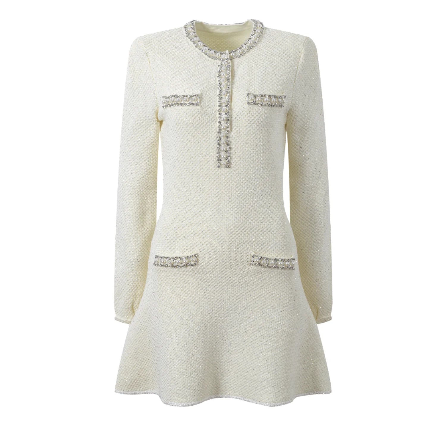 2025 Spring French Style Casual Mini Dress for Women O - Neck Long Sleeve with Beads Sequins Solid Color Knit Slim Fitted A - Line - PratSN