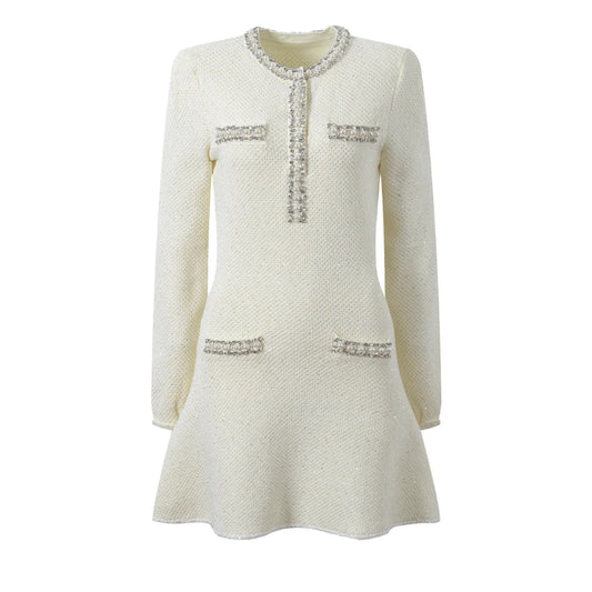 2025 Spring French Style Casual Mini Dress for Women O - Neck Long Sleeve with Beads Sequins Solid Color Knit Slim Fitted A - Line - PratSN