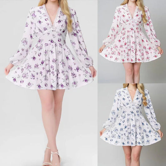 2025 Spring Women's Floral Lace Dress: Vintage - Inspired V - Neck Mini with Cinched Waist & Tencel Blend for Garden Parties - PratSN
