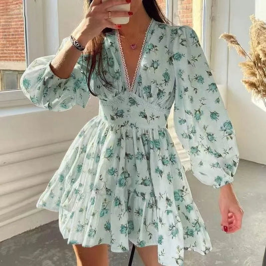 2025 Spring Women's Floral Lace Dress: Vintage - Inspired V - Neck Mini with Cinched Waist & Tencel Blend for Garden Parties - PratSN