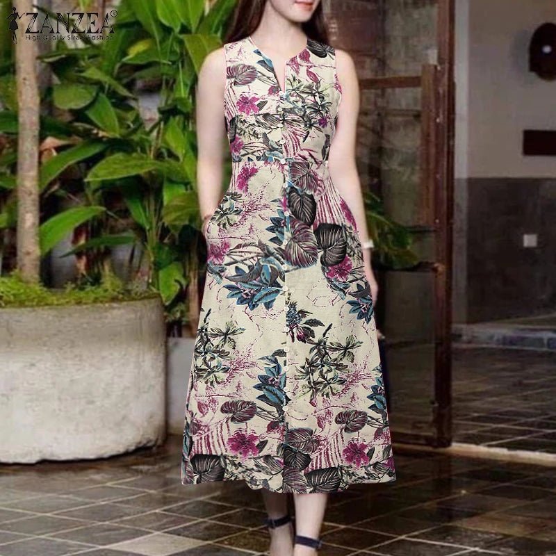 2025 Summer Dress ZANZEA Women Bohemain Printed Midi Sundress Casual V Neck Sleevelesss Holiday Party Vestidos Kaftan Robe Femme - PratSN