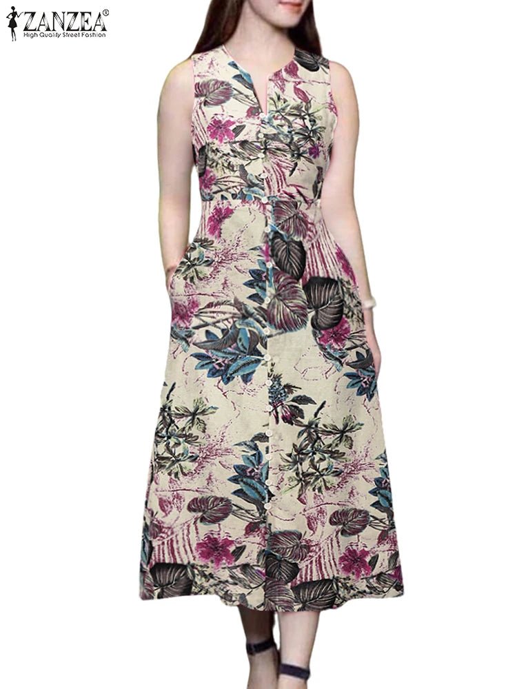 2025 Summer Dress ZANZEA Women Bohemain Printed Midi Sundress Casual V Neck Sleevelesss Holiday Party Vestidos Kaftan Robe Femme - PratSN