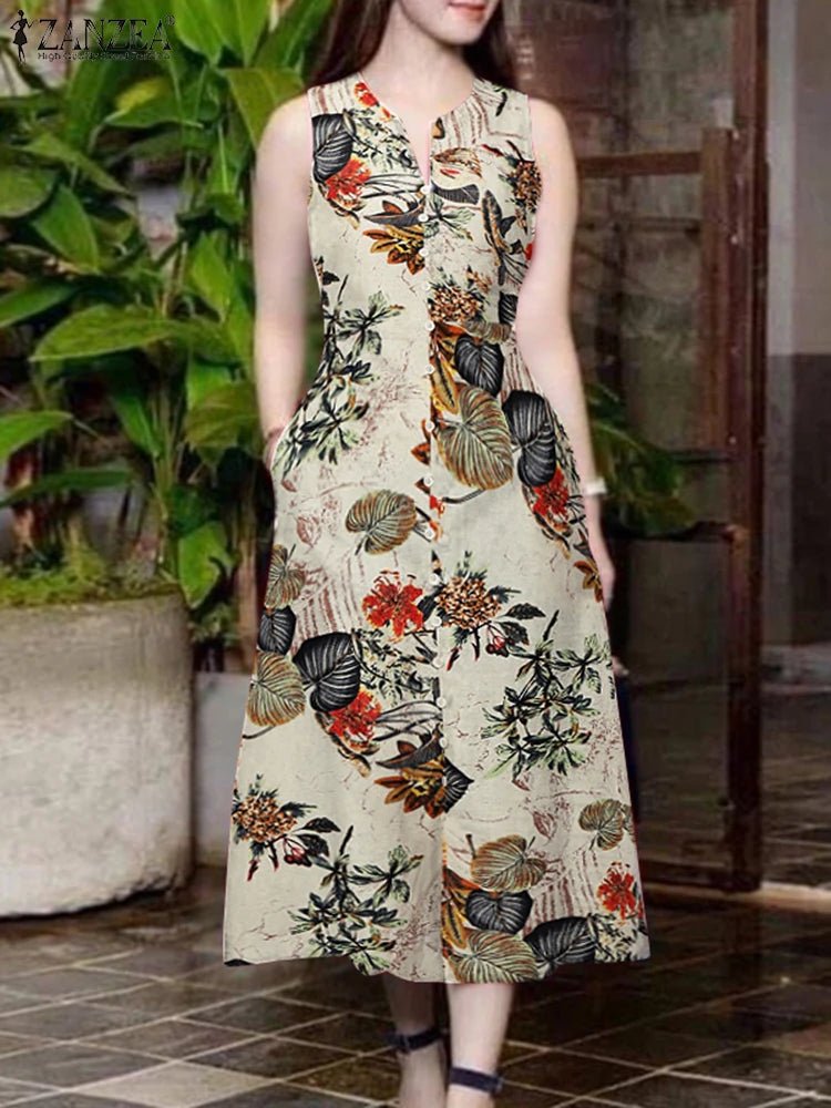 2025 Summer Dress ZANZEA Women Bohemain Printed Midi Sundress Casual V Neck Sleevelesss Holiday Party Vestidos Kaftan Robe Femme - PratSN