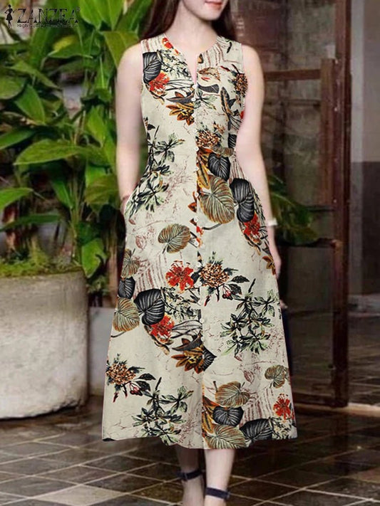 2025 Summer Dress ZANZEA Women Bohemain Printed Midi Sundress Casual V Neck Sleevelesss Holiday Party Vestidos Kaftan Robe Femme - PratSN