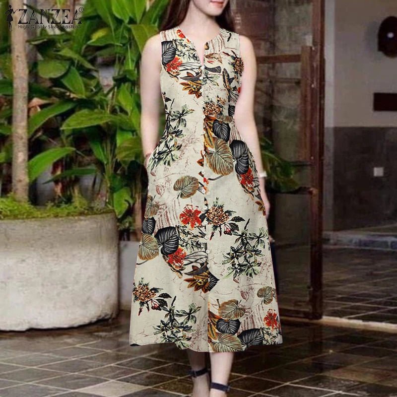2025 Summer Dress ZANZEA Women Bohemain Printed Midi Sundress Casual V Neck Sleevelesss Holiday Party Vestidos Kaftan Robe Femme - PratSN