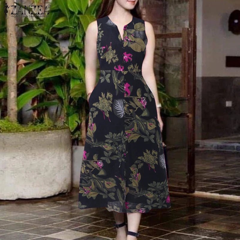 2025 Summer Dress ZANZEA Women Bohemain Printed Midi Sundress Casual V Neck Sleevelesss Holiday Party Vestidos Kaftan Robe Femme - PratSN