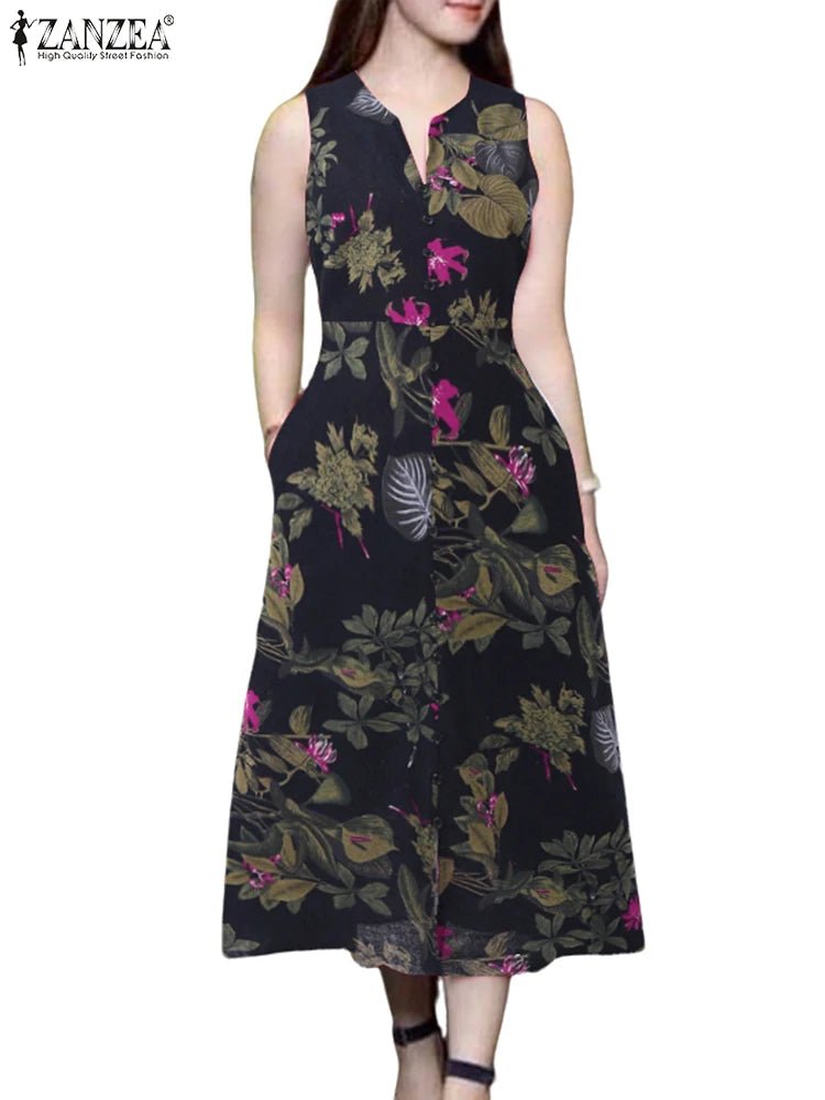 2025 Summer Dress ZANZEA Women Bohemain Printed Midi Sundress Casual V Neck Sleevelesss Holiday Party Vestidos Kaftan Robe Femme - PratSN