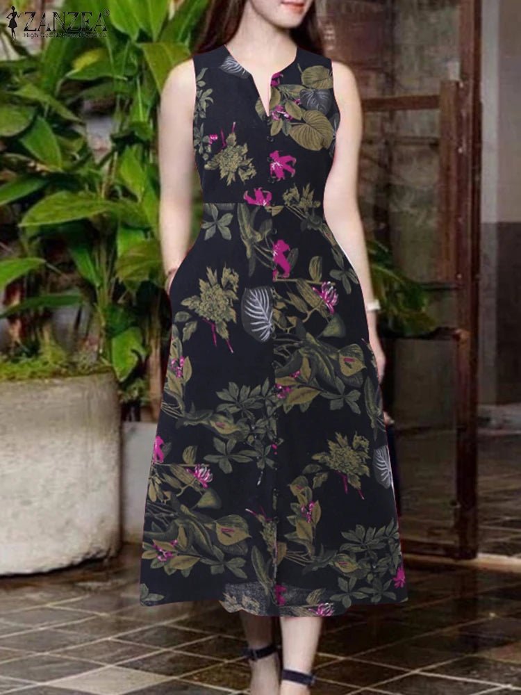 2025 Summer Dress ZANZEA Women Bohemain Printed Midi Sundress Casual V Neck Sleevelesss Holiday Party Vestidos Kaftan Robe Femme - PratSN