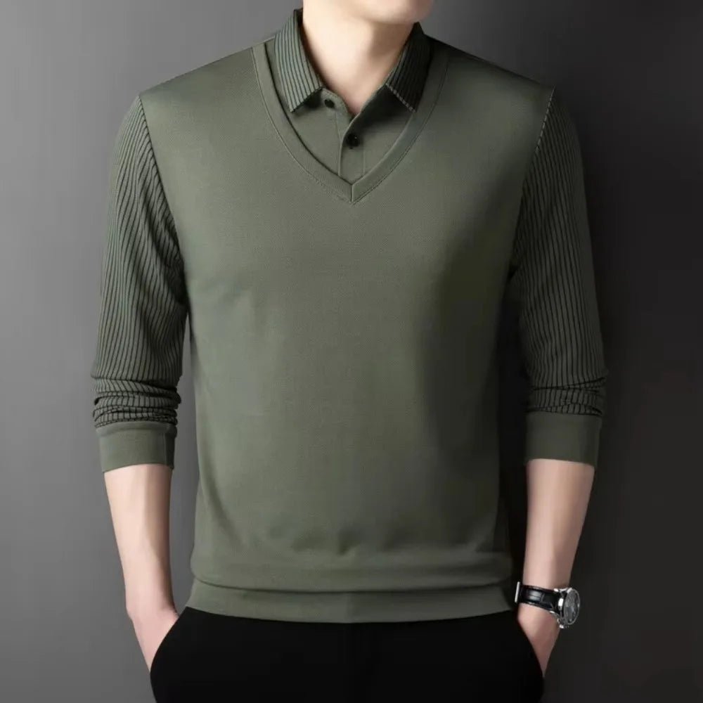 2025 Two Fake Collar Mens Daily Casual Tee Long Sleeve Sweatershirt Pullover Tops Lapel Polo Tee - PratSN