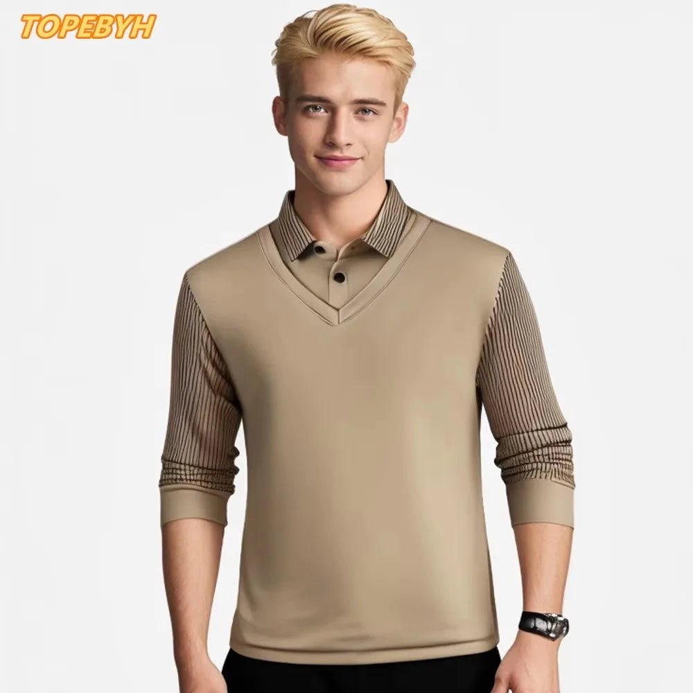 2025 Two Fake Collar Mens Daily Casual Tee Long Sleeve Sweatershirt Pullover Tops Lapel Polo Tee - PratSN