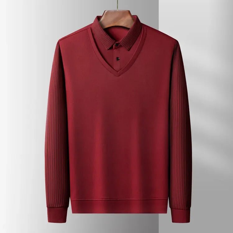 2025 Two Fake Collar Mens Daily Casual Tee Long Sleeve Sweatershirt Pullover Tops Lapel Polo Tee - PratSN