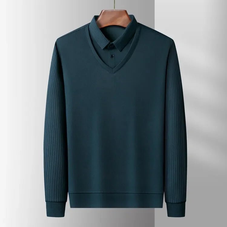 2025 Two Fake Collar Mens Daily Casual Tee Long Sleeve Sweatershirt Pullover Tops Lapel Polo Tee - PratSN