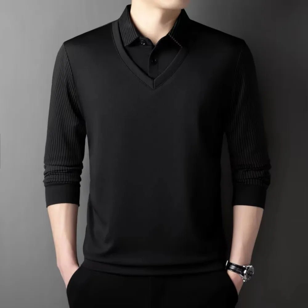 2025 Two Fake Collar Mens Daily Casual Tee Long Sleeve Sweatershirt Pullover Tops Lapel Polo Tee - PratSN