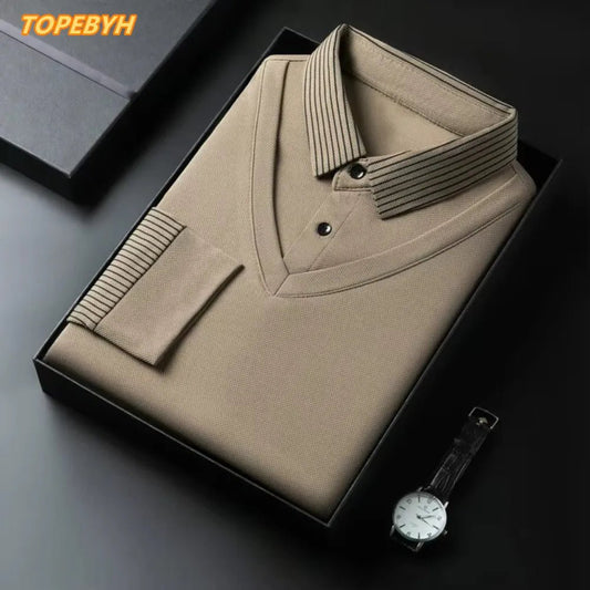 2025 Two Fake Collar Mens Daily Casual Tee Long Sleeve Sweatershirt Pullover Tops Lapel Polo Tee - PratSN