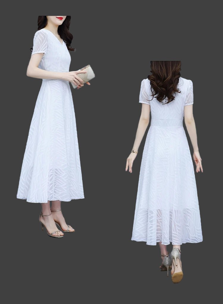 2025 White Chiffon Casual Beach Long Sundress Women Vintage Elegant Bodycon Party Midi Dress Short Sleeve Night Dress - PratSN