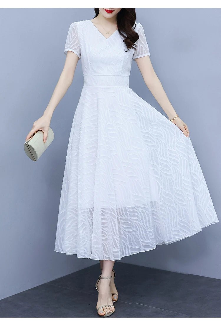 2025 White Chiffon Casual Beach Long Sundress Women Vintage Elegant Bodycon Party Midi Dress Short Sleeve Night Dress - PratSN