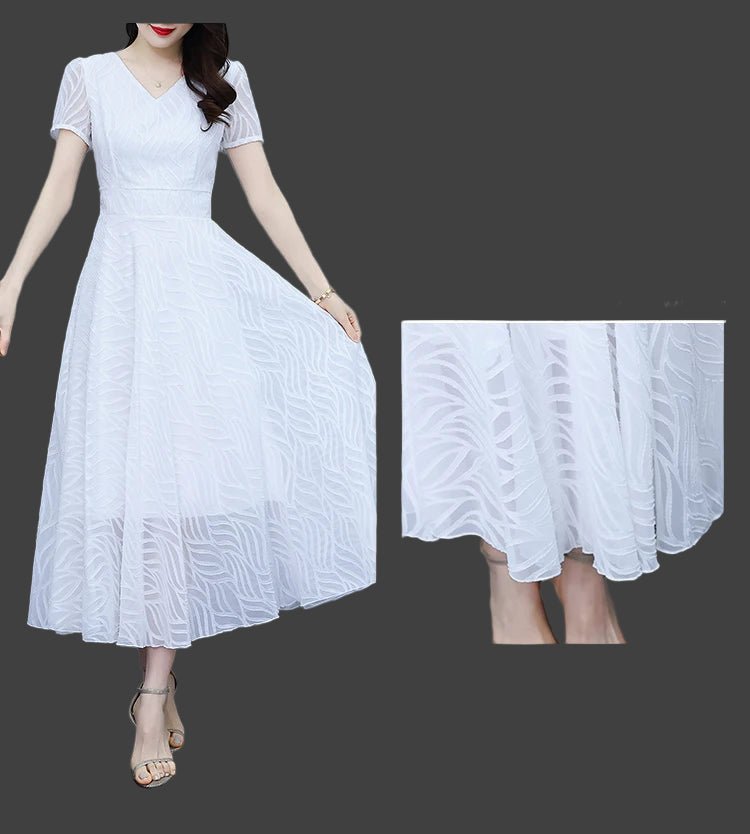 2025 White Chiffon Casual Beach Long Sundress Women Vintage Elegant Bodycon Party Midi Dress Short Sleeve Night Dress - PratSN