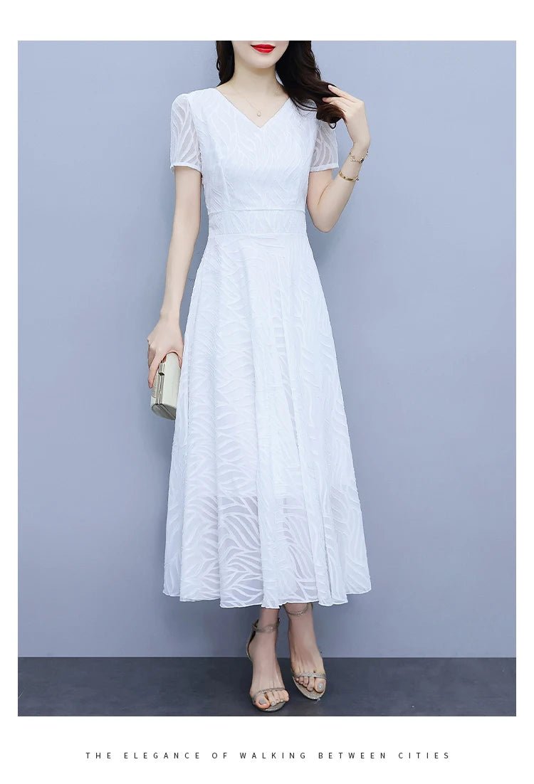 2025 White Chiffon Casual Beach Long Sundress Women Vintage Elegant Bodycon Party Midi Dress Short Sleeve Night Dress - PratSN