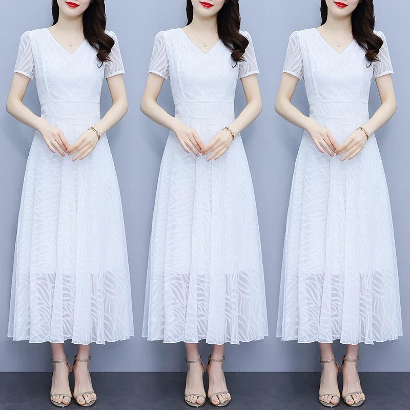2025 White Chiffon Casual Beach Long Sundress Women Vintage Elegant Bodycon Party Midi Dress Short Sleeve Night Dress - PratSN