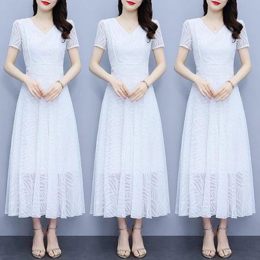 2025 White Chiffon Casual Beach Long Sundress Women Vintage Elegant Bodycon Party Midi Dress Short Sleeve Night Dress - PratSN