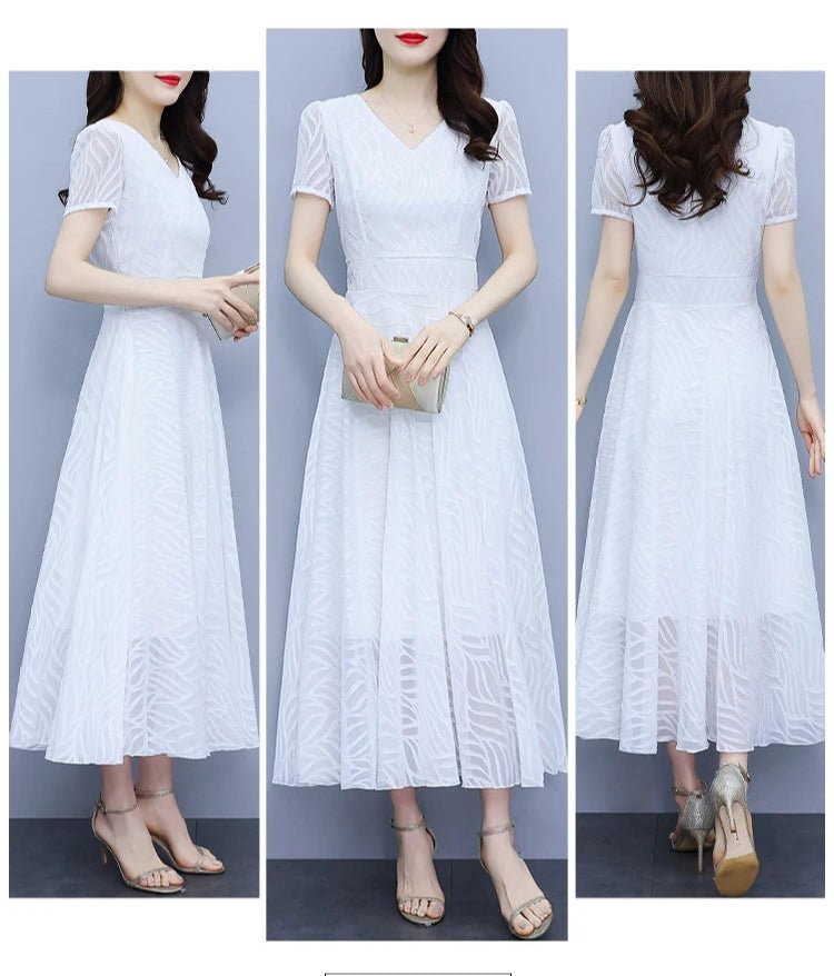 2025 White Chiffon Casual Beach Long Sundress Women Vintage Elegant Bodycon Party Midi Dress Short Sleeve Night Dress - PratSN