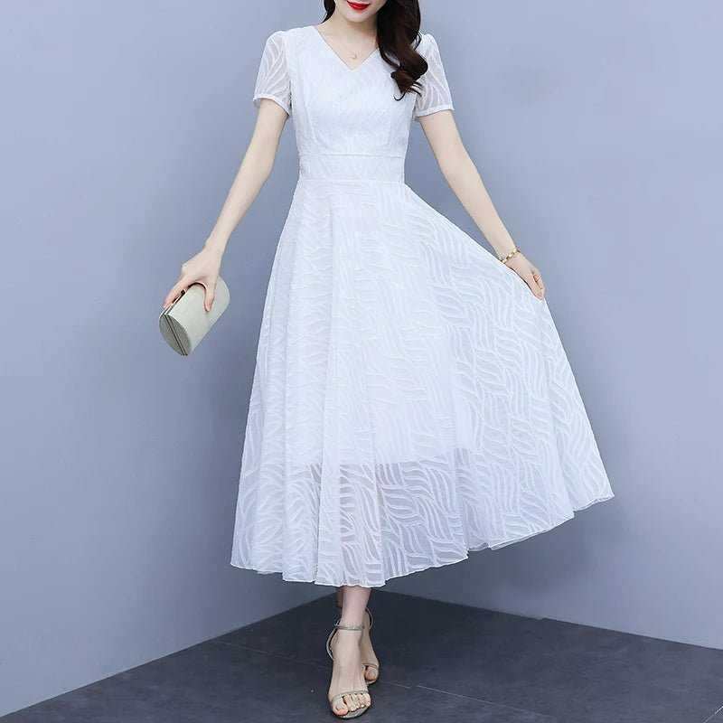 2025 White Chiffon Casual Beach Long Sundress Women Vintage Elegant Bodycon Party Midi Dress Short Sleeve Night Dress - PratSN