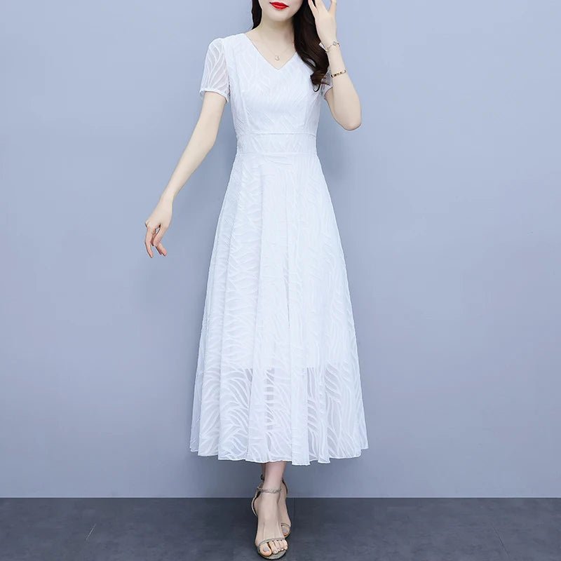 2025 White Chiffon Casual Beach Long Sundress Women Vintage Elegant Bodycon Party Midi Dress Short Sleeve Night Dress - PratSN