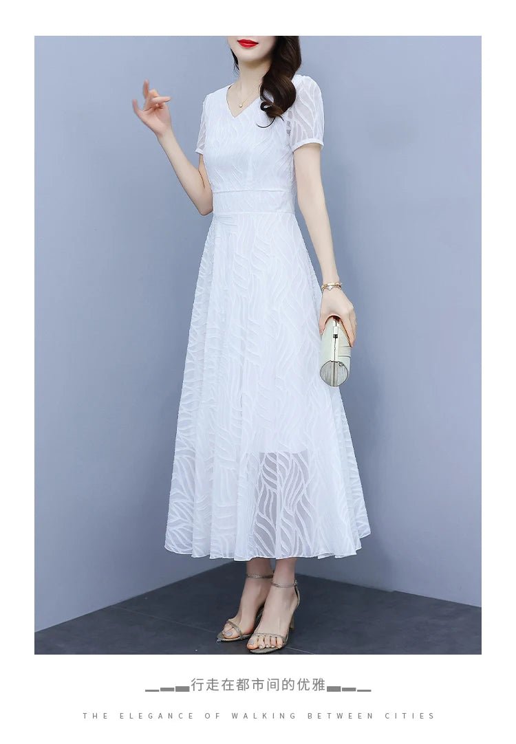 2025 White Chiffon Casual Beach Long Sundress Women Vintage Elegant Bodycon Party Midi Dress Short Sleeve Night Dress - PratSN