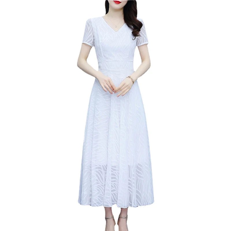 2025 White Chiffon Casual Beach Long Sundress Women Vintage Elegant Bodycon Party Midi Dress Short Sleeve Night Dress - PratSN