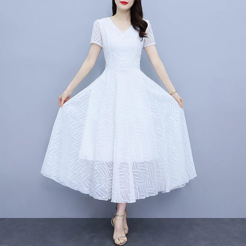 2025 White Chiffon Casual Beach Long Sundress Women Vintage Elegant Bodycon Party Midi Dress Short Sleeve Night Dress - PratSN