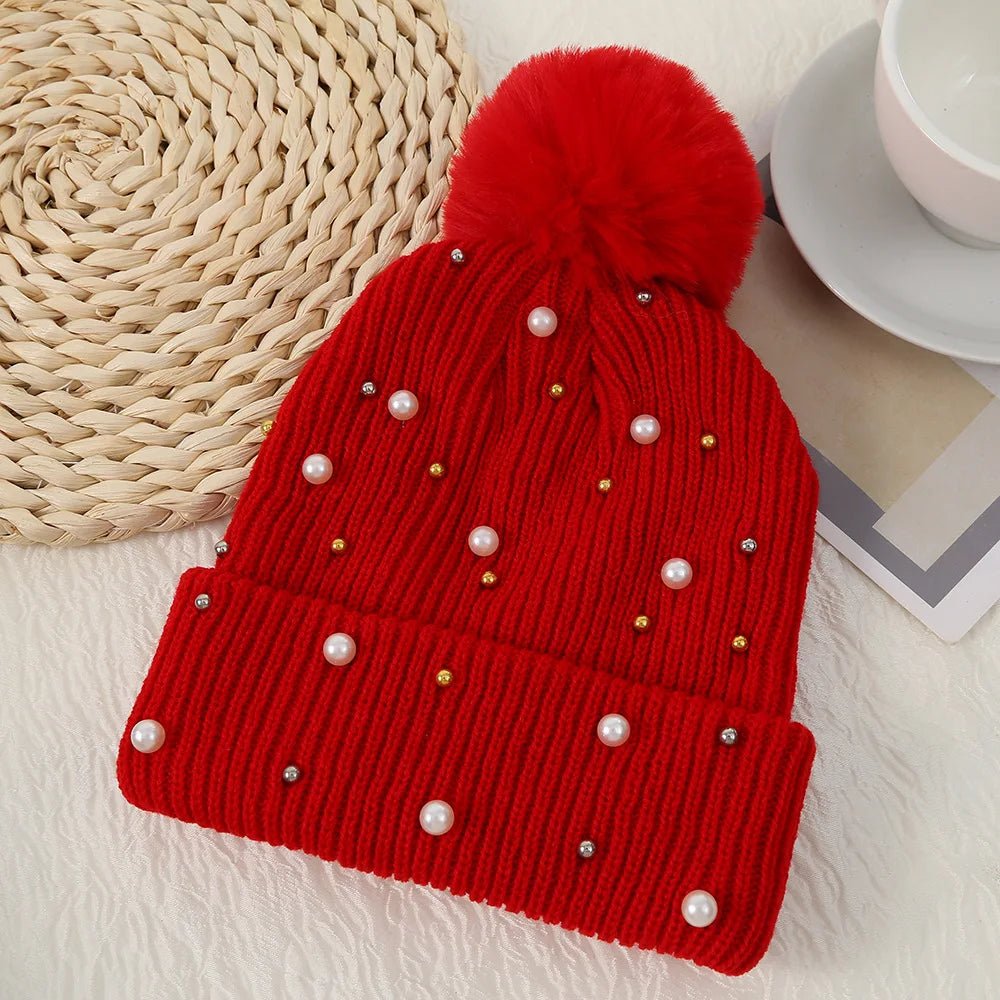 2025 Women Winter Fashion Hat Pompom Balls Cap Pearls Rhinestones Knitted Wool Beanie Casual Outdoor Warm Hats - PratSN