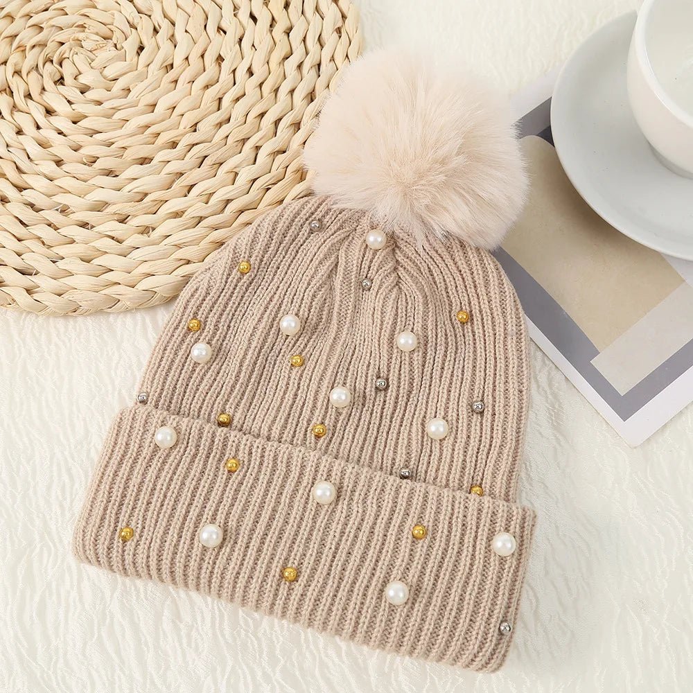 2025 Women Winter Fashion Hat Pompom Balls Cap Pearls Rhinestones Knitted Wool Beanie Casual Outdoor Warm Hats - PratSN