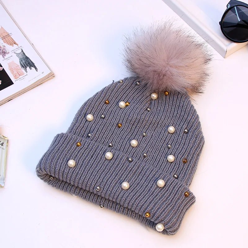 2025 Women Winter Fashion Hat Pompom Balls Cap Pearls Rhinestones Knitted Wool Beanie Casual Outdoor Warm Hats - PratSN
