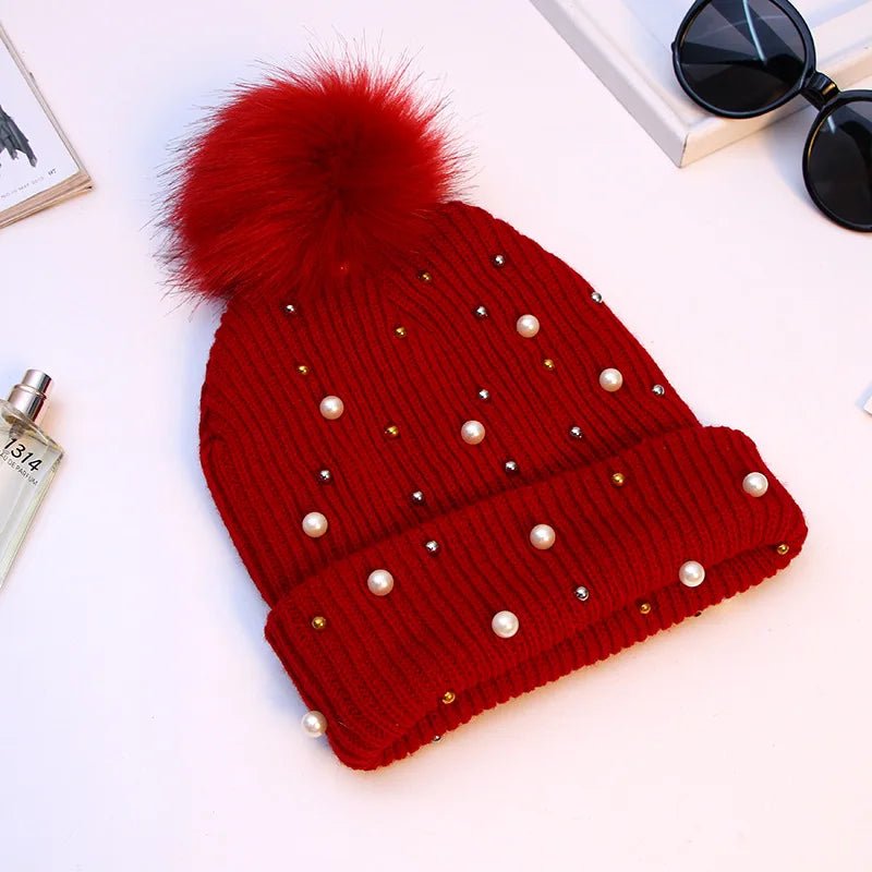 2025 Women Winter Fashion Hat Pompom Balls Cap Pearls Rhinestones Knitted Wool Beanie Casual Outdoor Warm Hats - PratSN