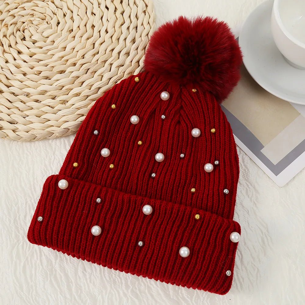 2025 Women Winter Fashion Hat Pompom Balls Cap Pearls Rhinestones Knitted Wool Beanie Casual Outdoor Warm Hats - PratSN