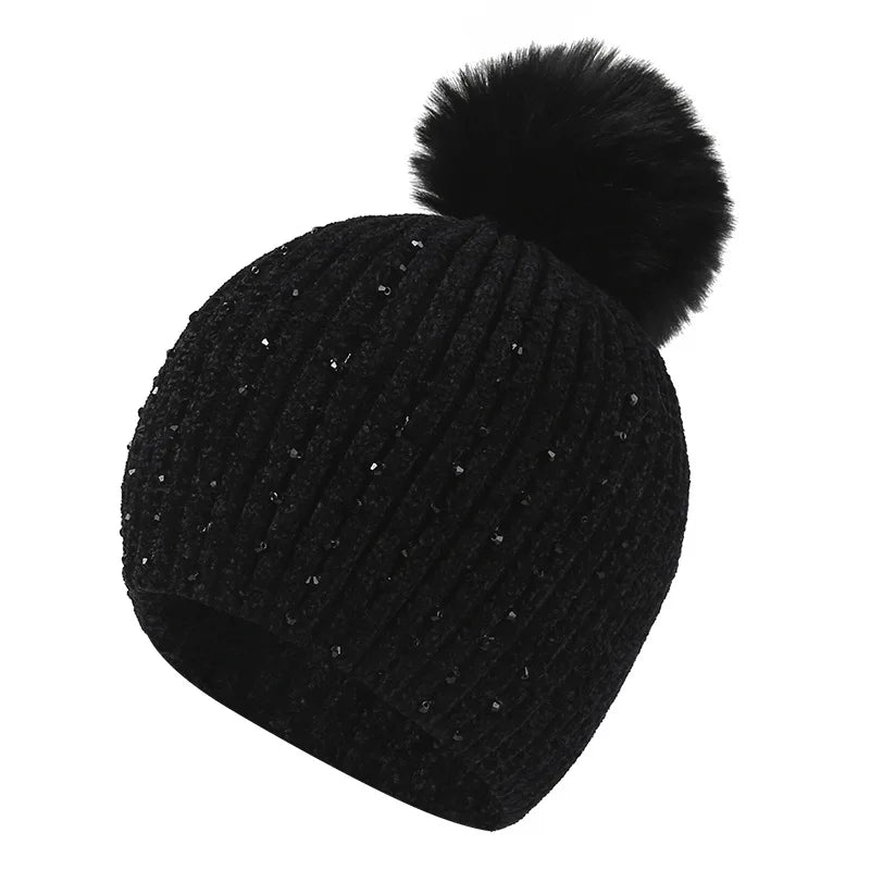 2025 Women Winter Fashion Hat Pompom Balls Cap Pearls Rhinestones Knitted Wool Beanie Casual Outdoor Warm Hats - PratSN