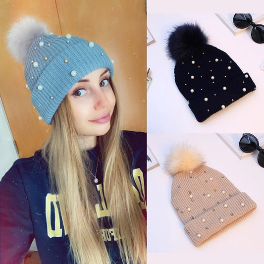 2025 Women Winter Fashion Hat Pompom Balls Cap Pearls Rhinestones Knitted Wool Beanie Casual Outdoor Warm Hats - PratSN