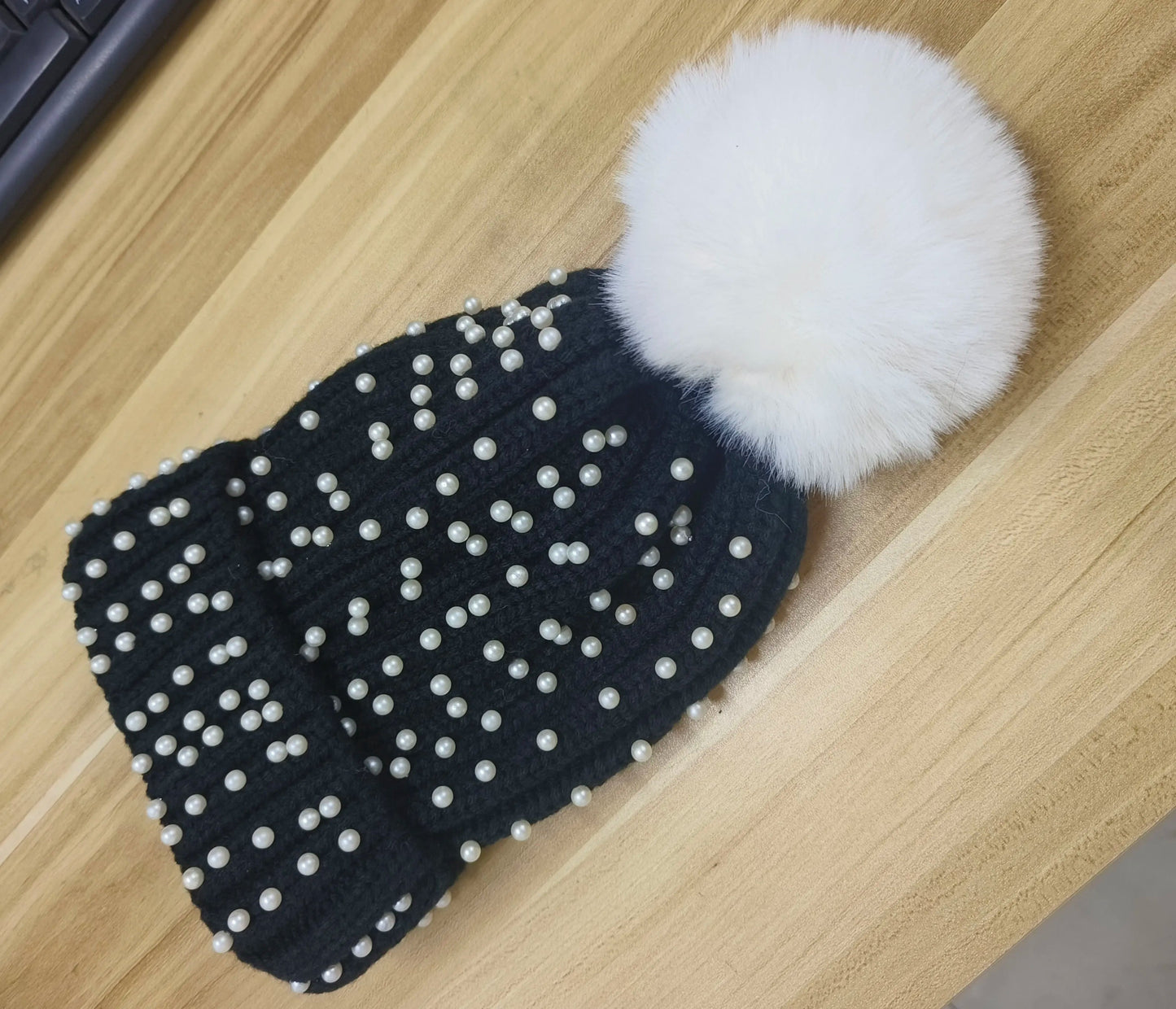 2025 Women Winter Fashion Hat Pompom Balls Cap Pearls Rhinestones Knitted Wool Beanie Casual Outdoor Warm Hats - PratSN