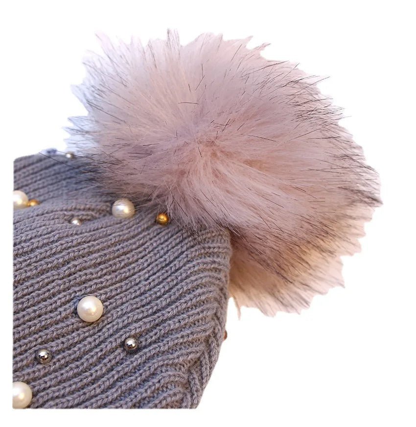 2025 Women Winter Fashion Hat Pompom Balls Cap Pearls Rhinestones Knitted Wool Beanie Casual Outdoor Warm Hats - PratSN