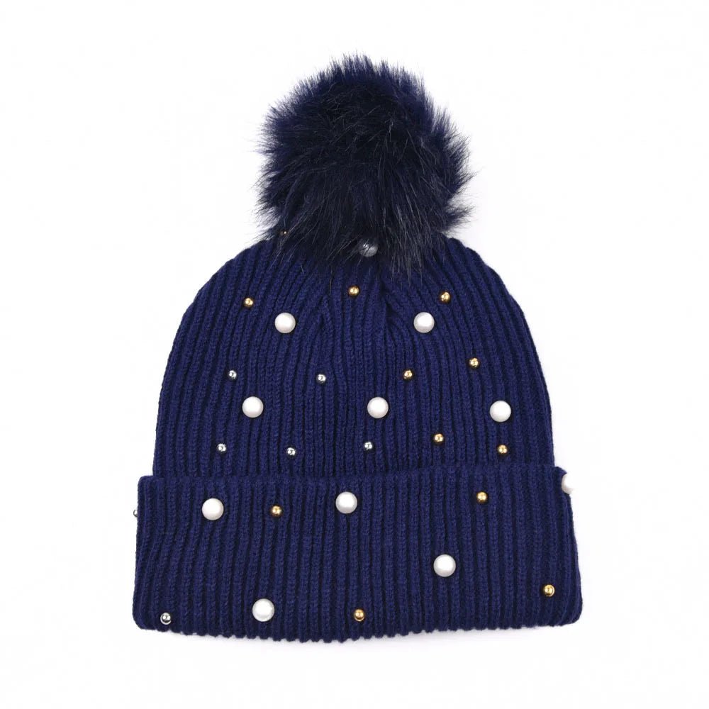 2025 Women Winter Fashion Hat Pompom Balls Cap Pearls Rhinestones Knitted Wool Beanie Casual Outdoor Warm Hats - PratSN